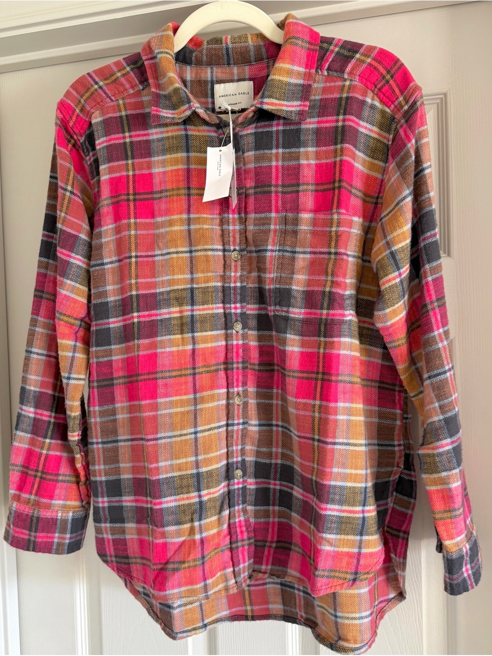 NWT American Eagle Pink + Brown Plaid  Boyfriend Button-Down Flannel Shirt - S